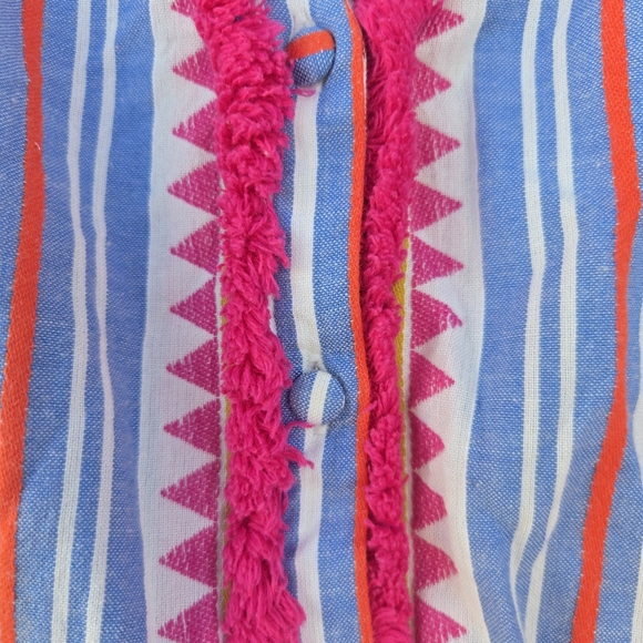 Boden Made In India V Neck Striped Dress Fringe Short Sleeve Blue Pink sz 12 - Picture 3 of 5